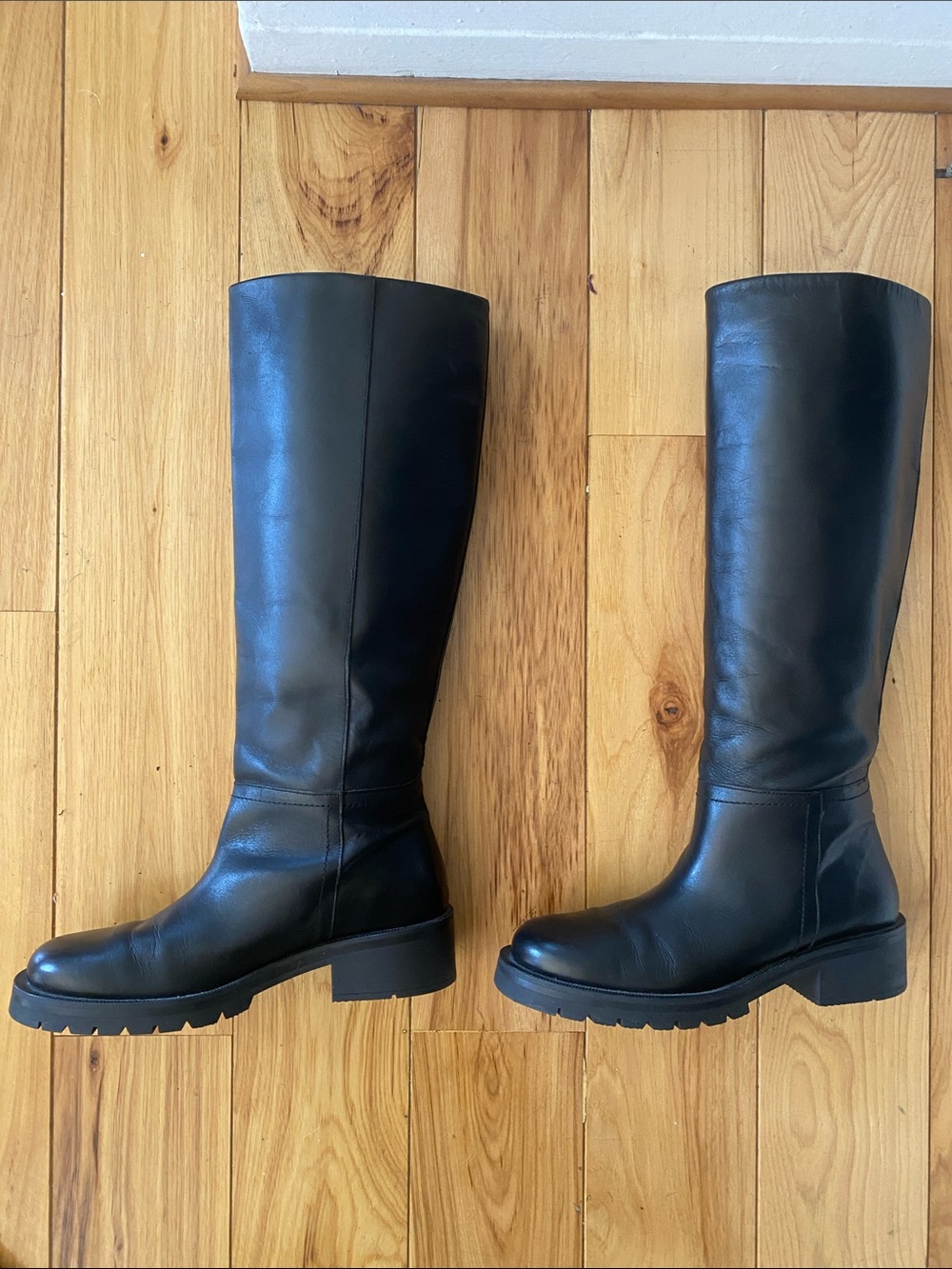 Zara Black Knee-High Chunky Sole Leather Riding Boots